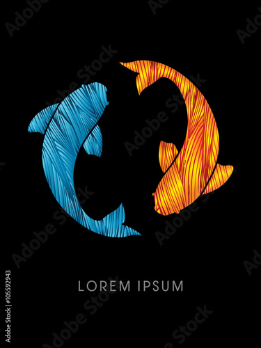 2 fish, twin fish, designed using red and blue line graphic vector.