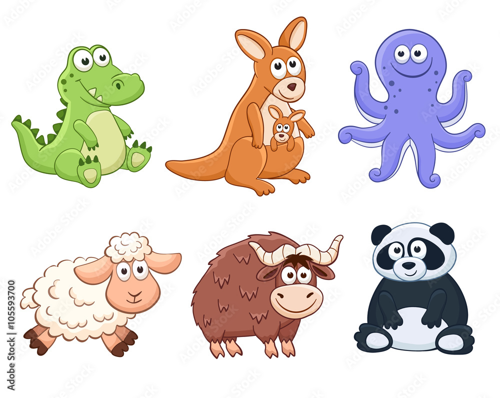 Fototapeta premium Cute cartoon animals isolated on white background. Stuffed toys set. Vector illustration of adorable plush baby animals. Crocodile, kangaroo, octopus, sheep, yak, panda.
