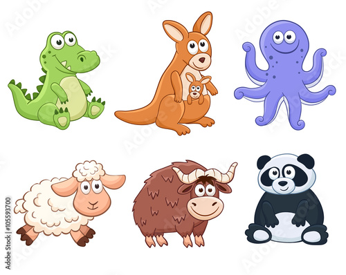 Cute cartoon animals isolated on white background. Stuffed toys set. Vector illustration of adorable plush baby animals. Crocodile, kangaroo, octopus, sheep, yak, panda.