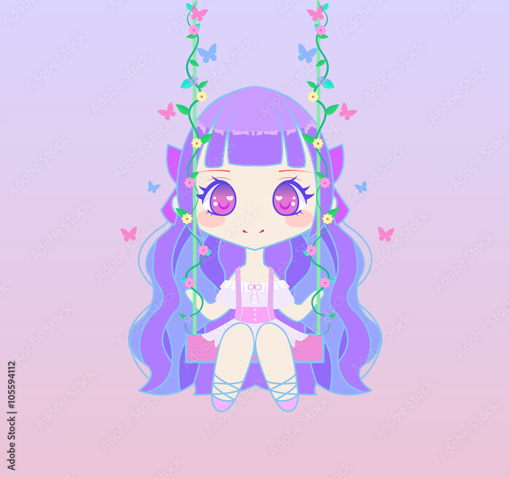 Cute anime fairy girl on swing