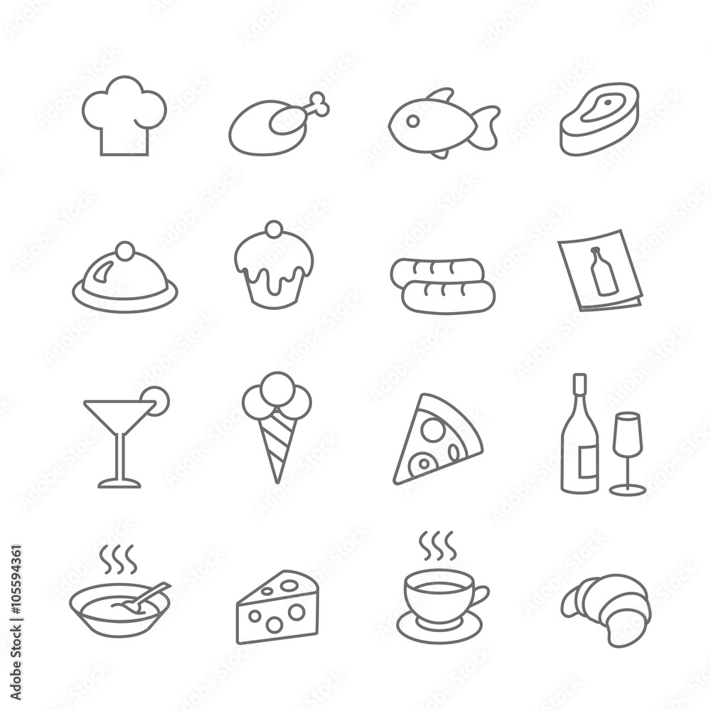 Restaurant line icons vector set. Pizza and ice cream, cupcake or fish, food illustration Restaurant line icons vector set. Pizza and ice cream, cupcake or fish, food illustration