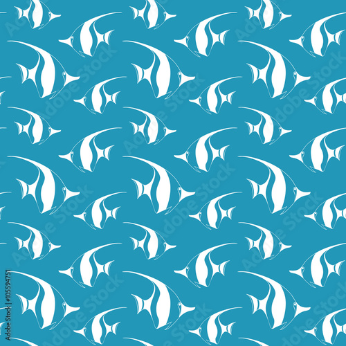 Seamless pattern with pennant fish.Vector fish pattern. Sea life vector pattern. Vector illustration with sea fish. Monochrome sea fish pattern. Blue and white fish seamless background.
