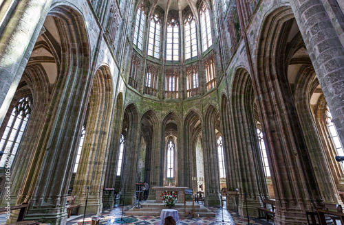 France, Normandy, Mont St Michel, upward view of the nave  church of the abbey