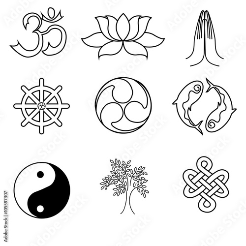 A set of religion symbols - Buddhism. Black silhouettes isolated on white background
