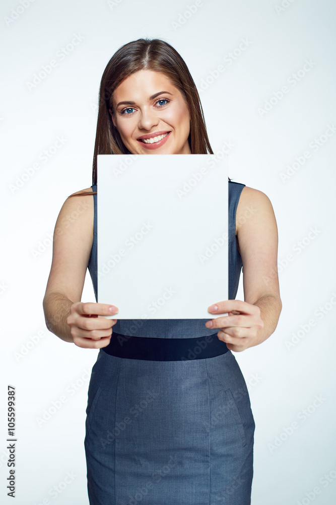 Sign board. Business woman holding big white card. Sign board. Business woman holding big white card.