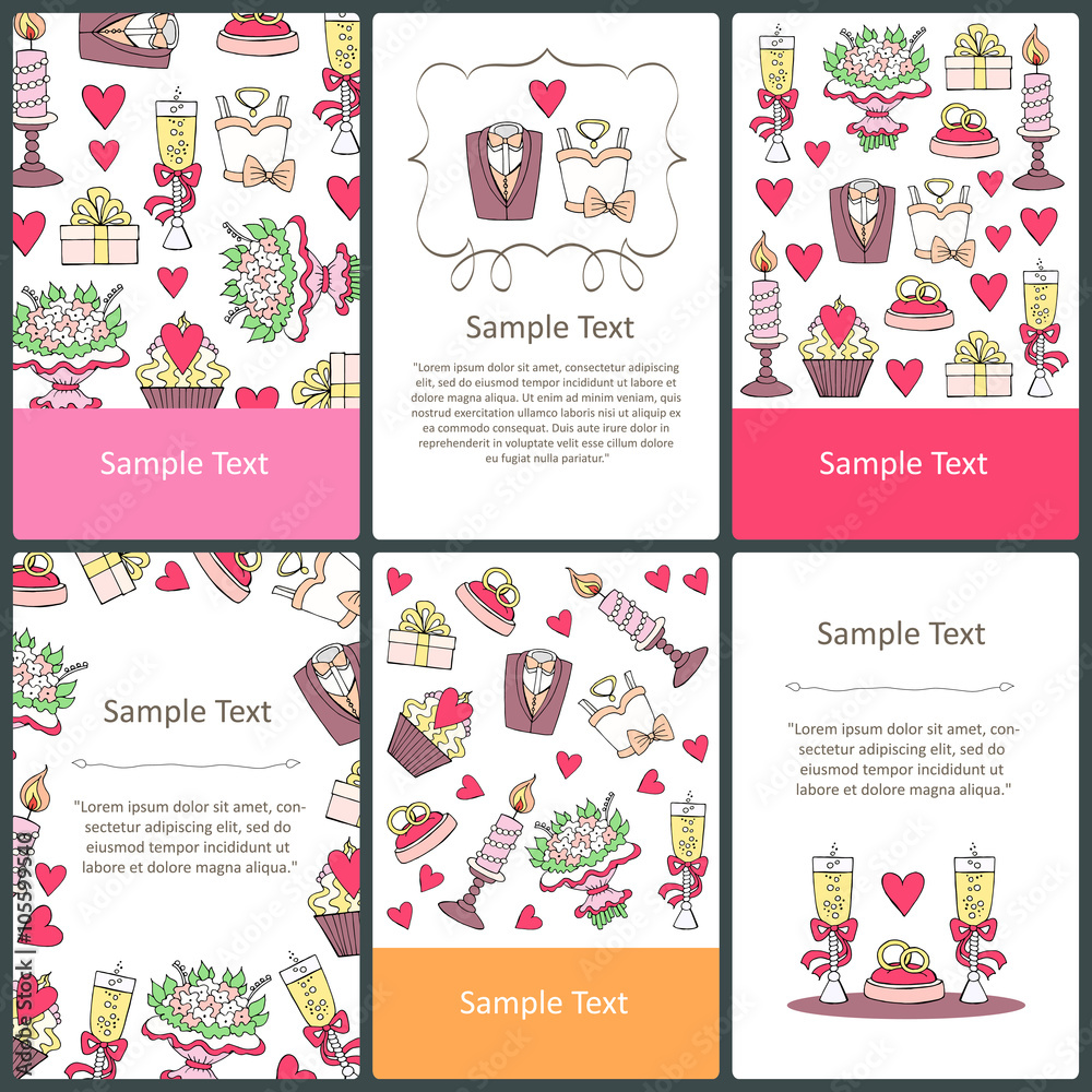 Vector set of prepared cards with hand drawn symbols of wedding