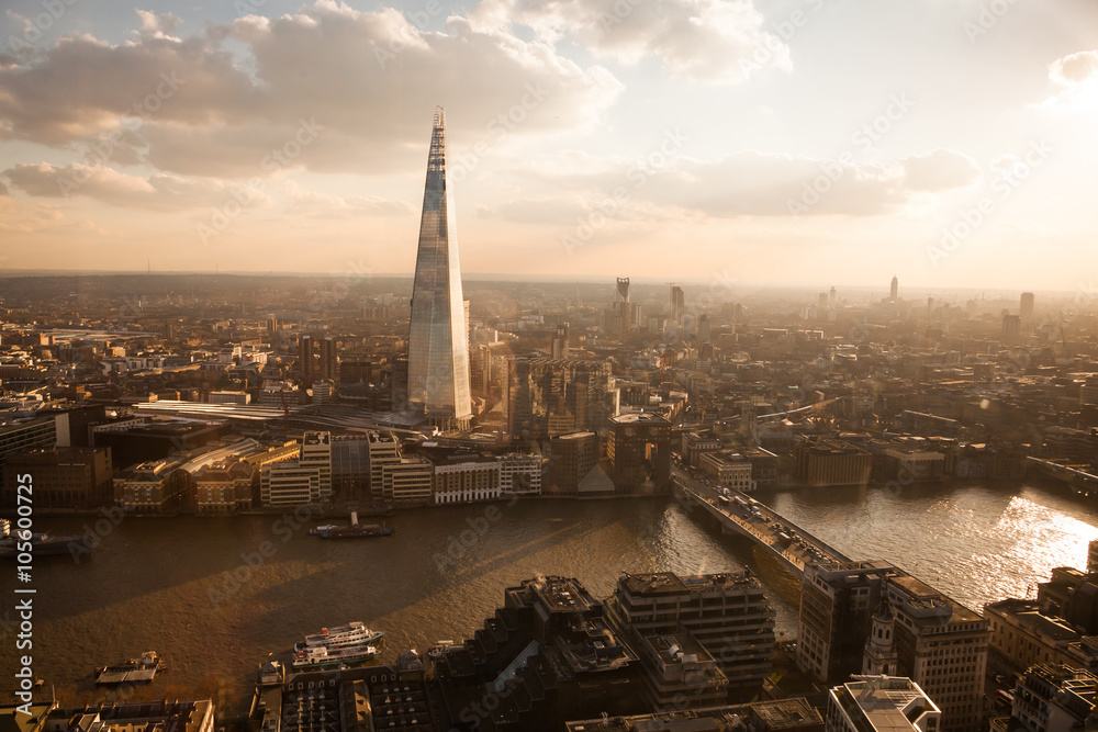 View from above London at sunset.