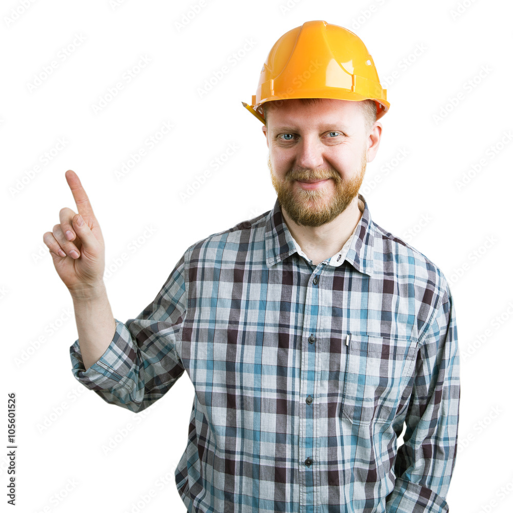 Man in a helmet shows the index finger upward