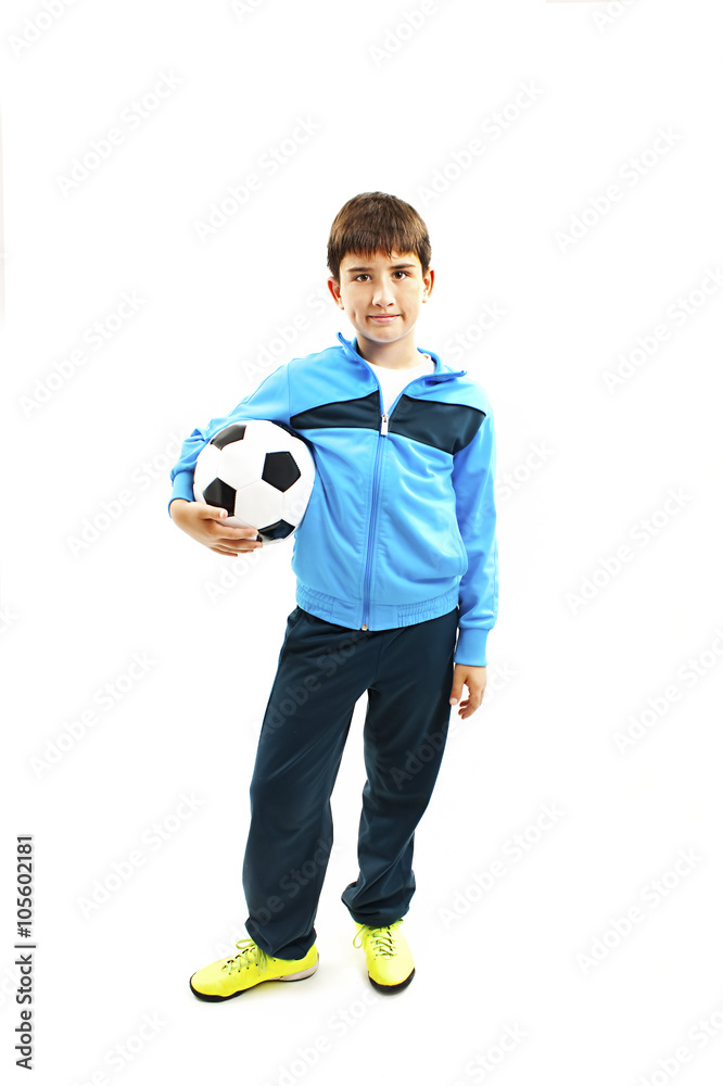 Cute boy is holding a football ball made of genuine leather. Isolated on a white background. Soccer ball Cute boy is holding a football ball made of genuine leather. Isolated on a white background. Soccer ball