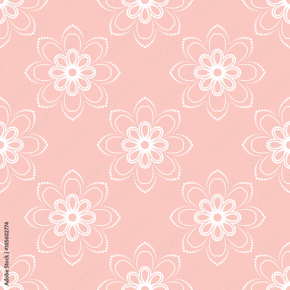 Floral vector ornament. Seamless abstract classic pink and white pattern with flowers