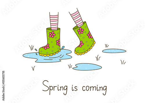 Spring greeting card with color rubber boots