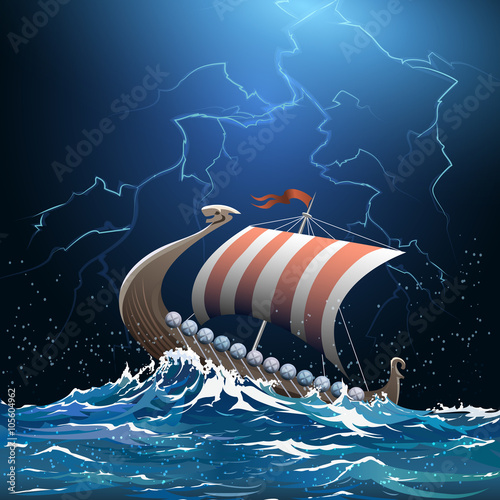 Viking medieval warship in stormy sea