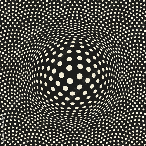 an emerging sphere on a dotted plan background, simple spherical distortion of a surface pattern in black and white.