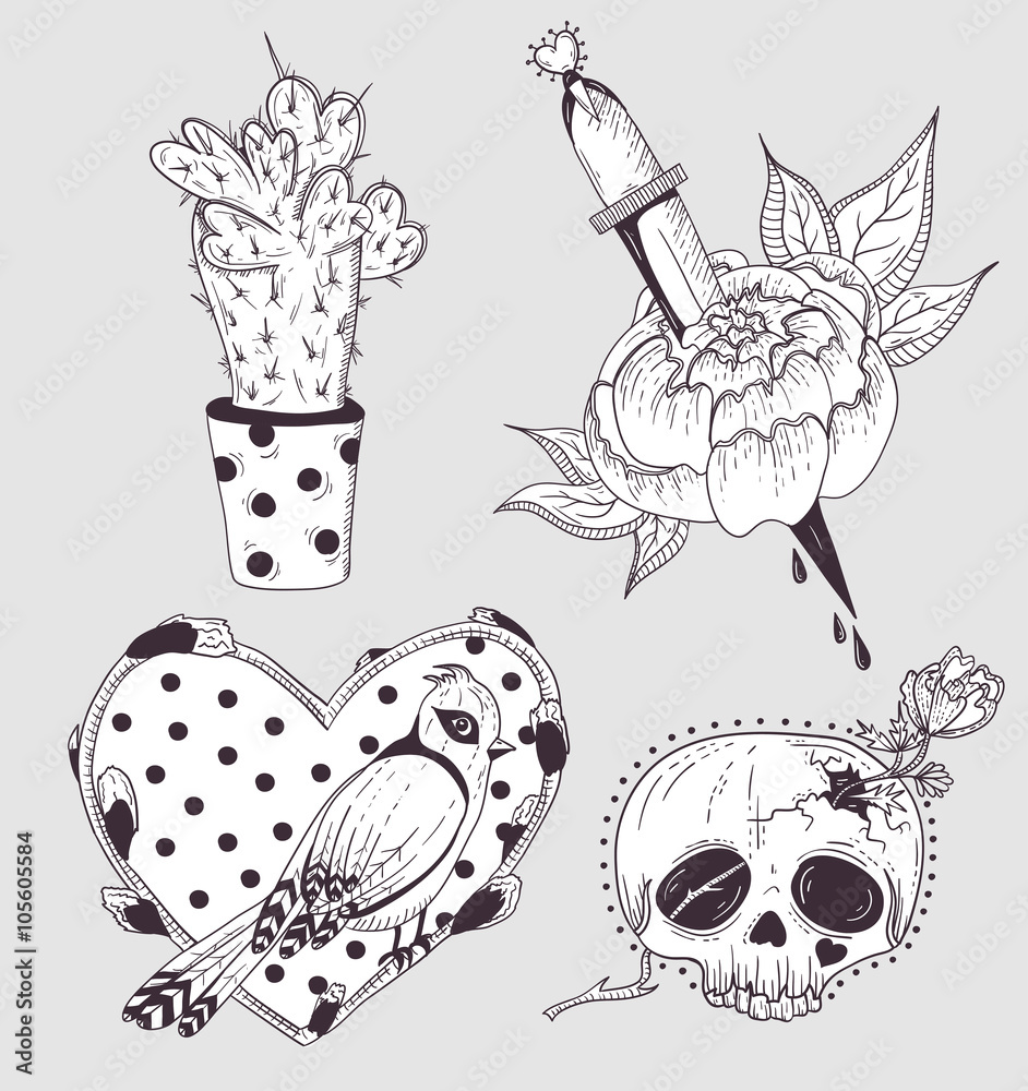 Free Vector | Cute tattoos collection in linear style