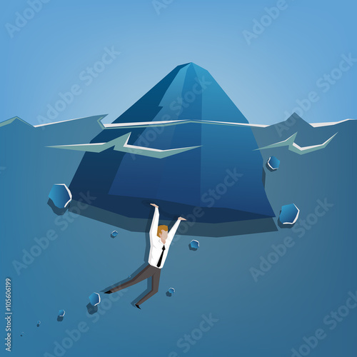 Businessman lifting up iceberge with beautiful transparent sea on background  (Business concept cartoon illustration) photo