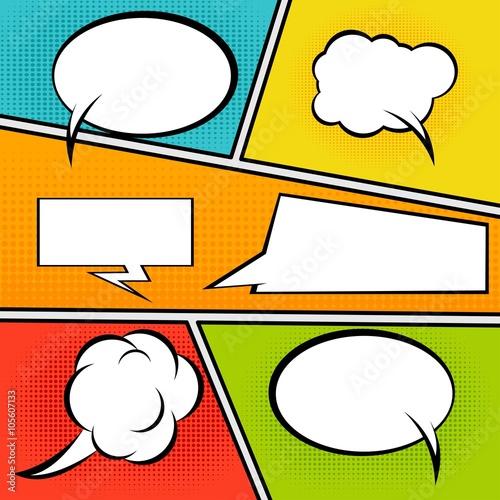 A high detail vector mock-up of a typical comic book page with various speech bubbles, symbols and sound effects and colored Halftone Backgrounds