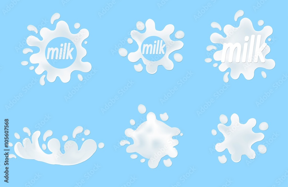 Milk, yogurt or cream blots set. White smudges splashes drops on blue background. Spiral round and abstract curves forms