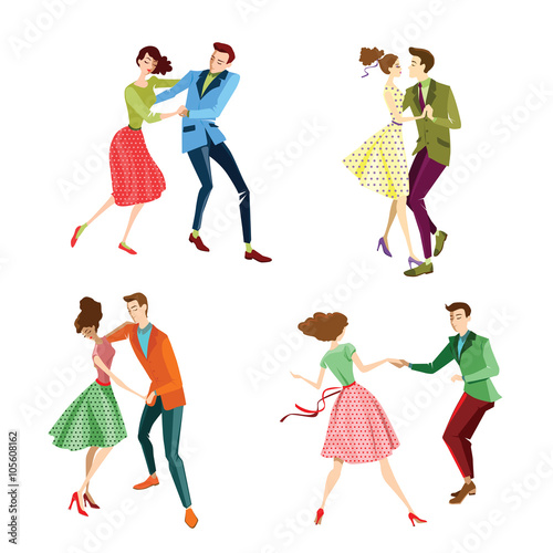 set of illustrations couples dancing lindy hop  in retro styles