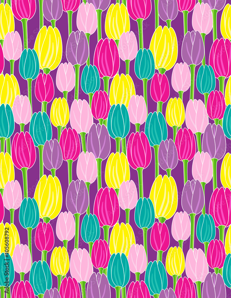 colorful tulips on purple background seamless vector pattern