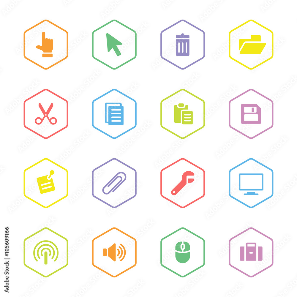 colorful flat computer and technology icon set with hexagon frame for web design, user interface (UI), infographic and mobile application (apps) colorful flat computer and technology icon set with hexagon frame for web design, user interface (UI), infographic and mobile application (apps)