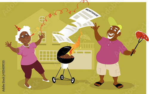 Middle age black couple having a mortgage burning party in front of their home, EPS 8 vector illustration