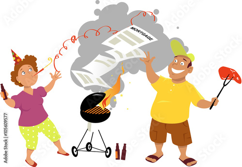 Middle age couple having a mortgage-burning party, isolated on white, EPS 8 vector cartoon