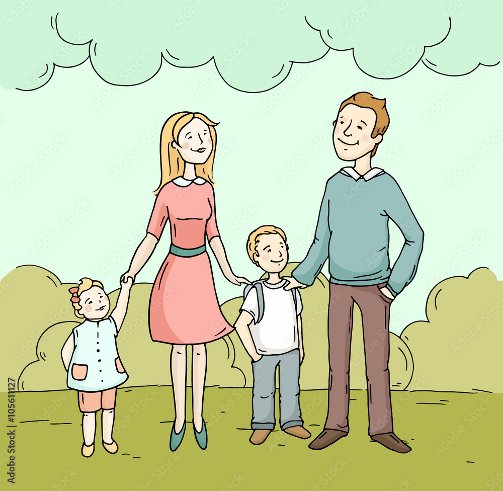 Sketch cartoon happy family standing together. Cute doodle characters -  father, mother, son and daughter in summer time. Hand drawn vector  illustration. Stock Vector | Adobe Stock
