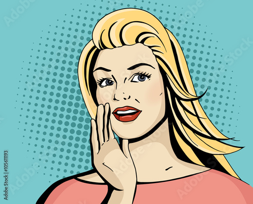 Pop art blonde woman smile and speak. Comic girl hold hand near open month. Vintage hnd drawn vector illustration isolated on blue halftone background.