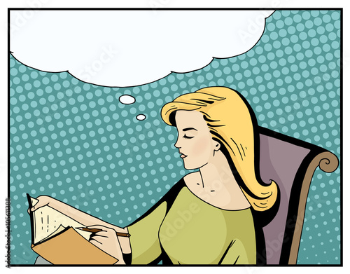 Pop art blonde woman seat and keep a diary. Comic girl hold a pen and white in a book. Vintage hnd drawn vector illustration isolated on blue halftone background.
