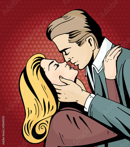 Pop art beautiful woman and man kissing. Cartoon romantic couple in love. Vintage advertising poster for Valentine Day. Comic hand drawn vector illustration.