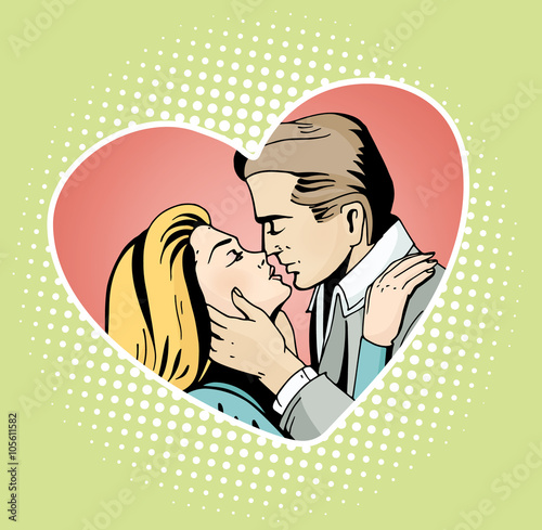 Pop art beautiful woman and man kissing. Cartoon romantic couple in love. Vintage advertising poster for Valentine Day with heart shaped frame. Comic hand drawn vector illustration.