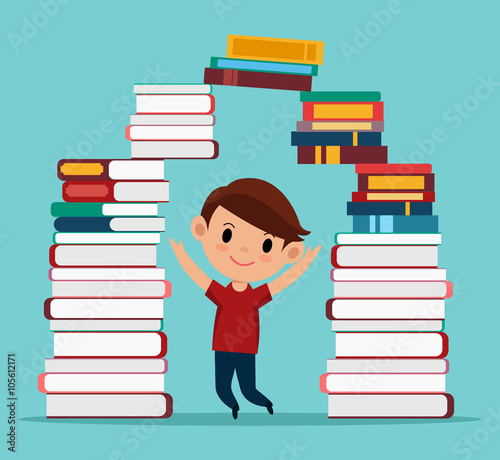 Boy in library. Vector cartoon flat illustration