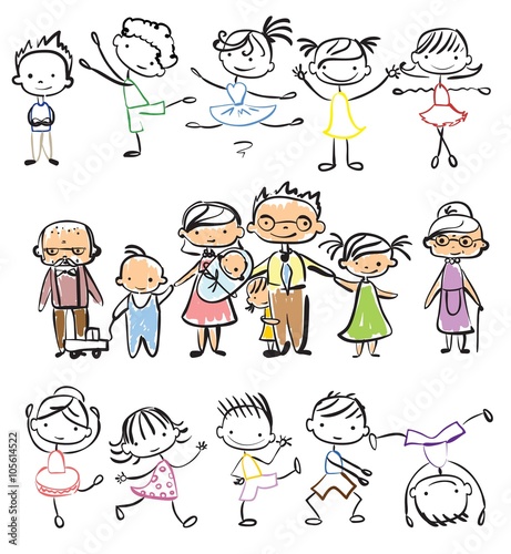 Vector children's doodle of happy family. Happy family holding hands and smiling 