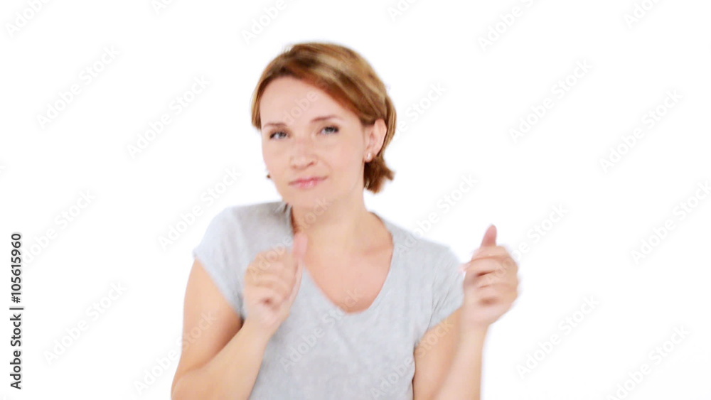 Beautiful happy surprised woman with positive emotions over white background Beautiful happy surprised woman with positive emotions over white background