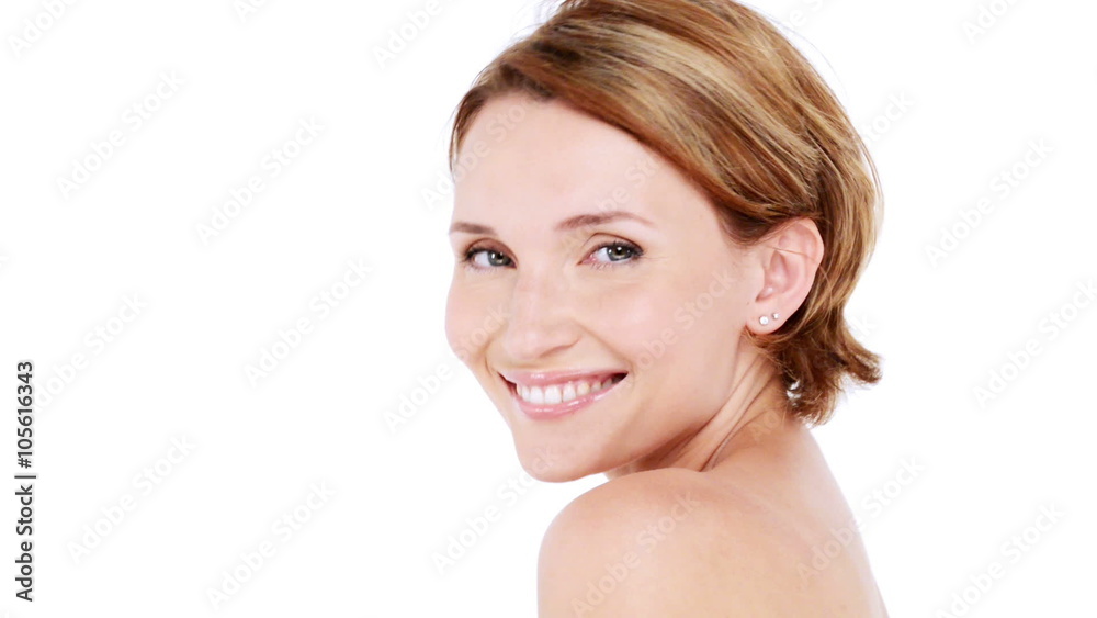 Beautiful healthy smiling woman with fresh skin of face over white background Beautiful healthy smiling woman with fresh skin of face over white background
