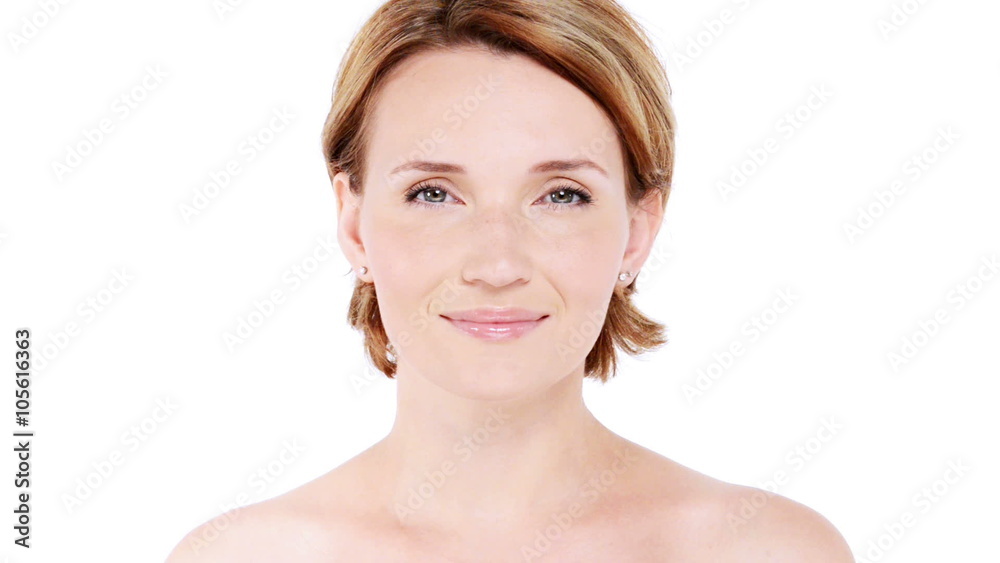 Beautiful healthy smiling woman with fresh skin of face over white background Beautiful healthy smiling woman with fresh skin of face over white background