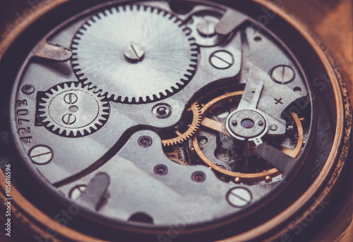 Clockwork . Close-up Of Old Clock Watch Mechanism 