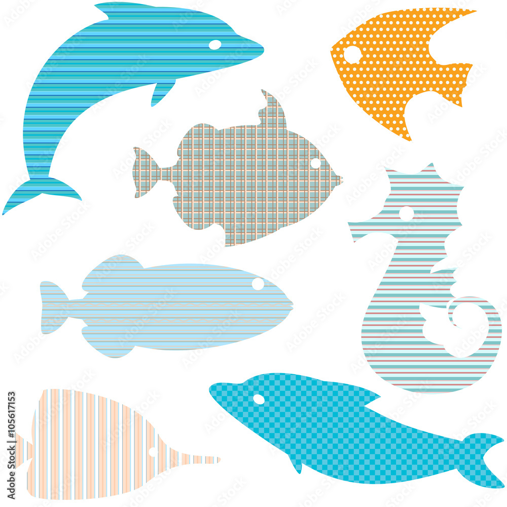 Set of fish silhouettes with simple patterns