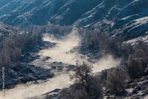 Katun river in the winter at dawn. Gorny Altai, Siberia.