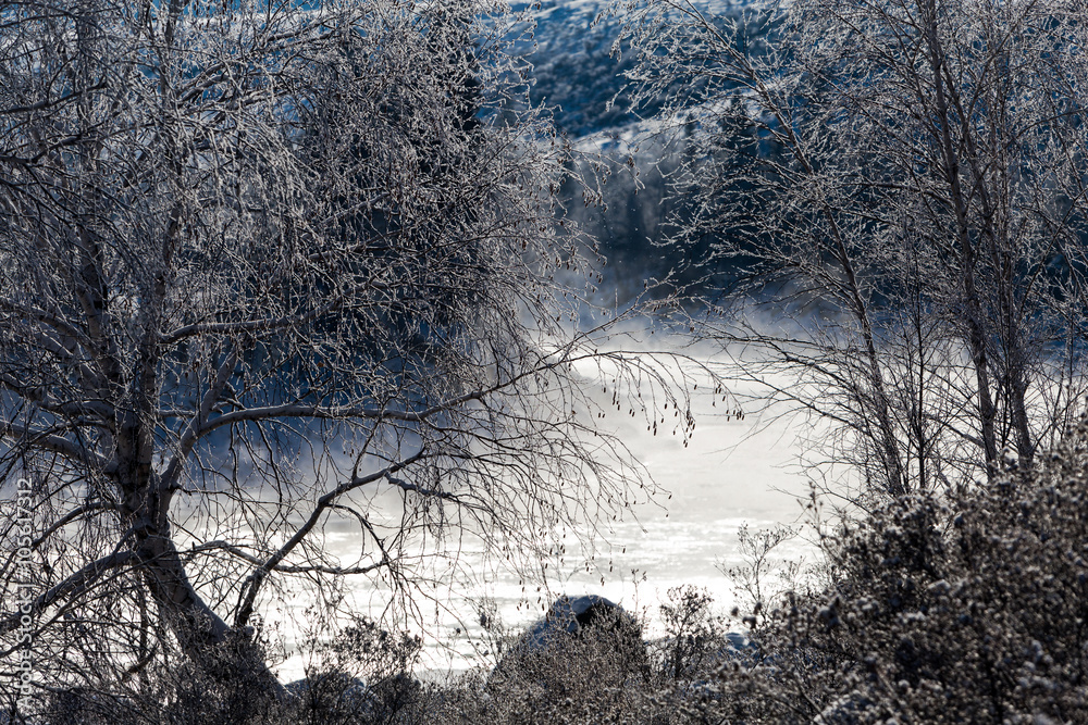 Fototapeta premium Katun river in the winter at dawn. Gorny Altai, Siberia.