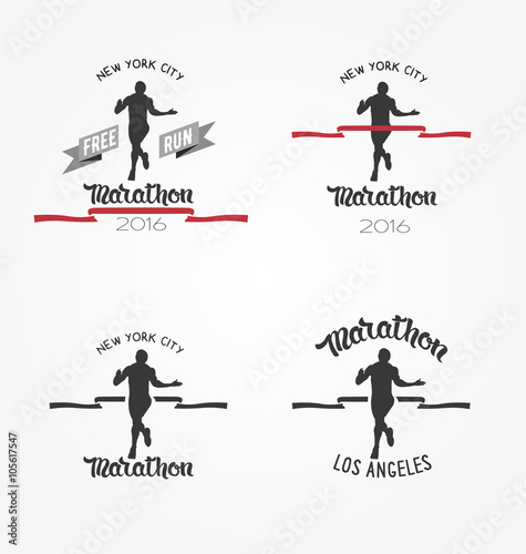 Set of marathon logotypes, long distance running and competition