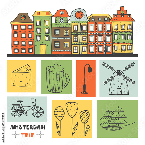 Cute hand drawn doodle Holland objects collection