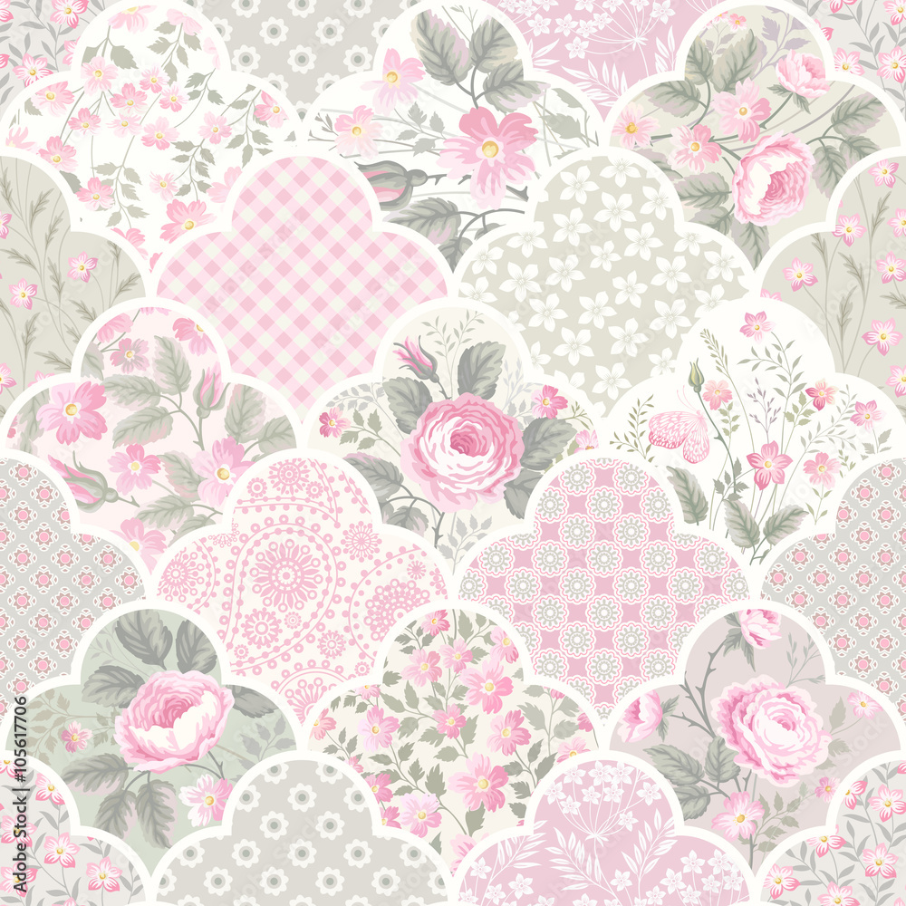 seamless floral patchwork pattern with roses in pastel colors
