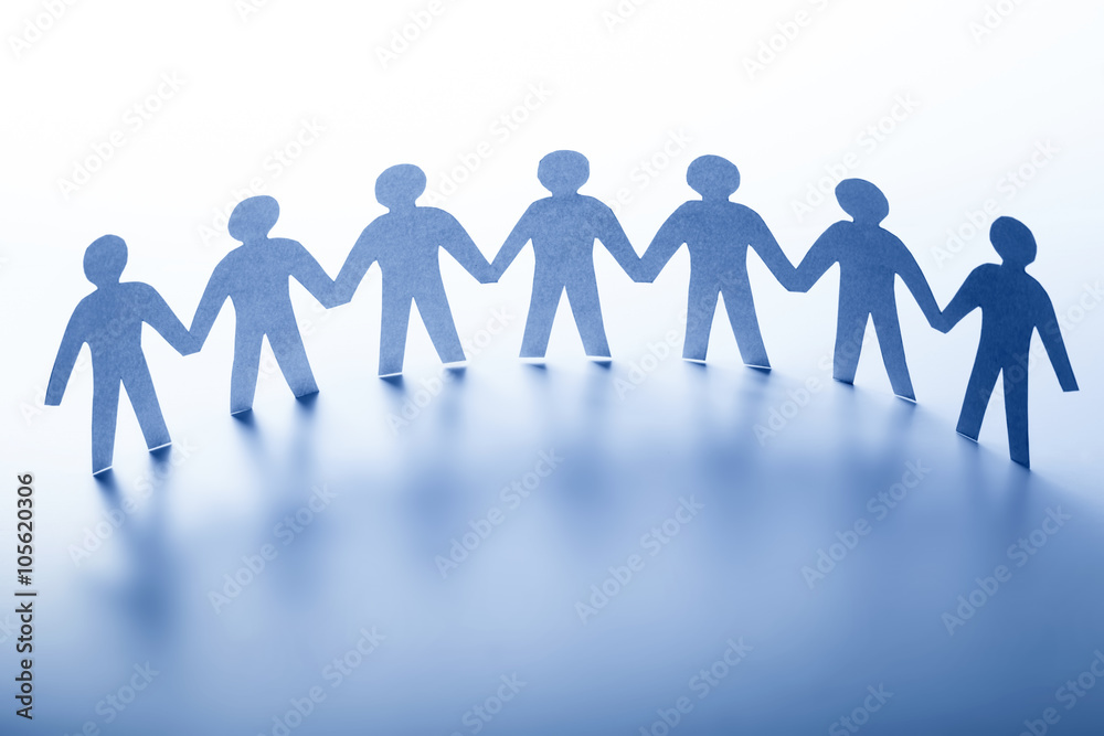 Paper people standing together hand in hand. Team, society, business concept - obrazy, fototapety, plakaty 