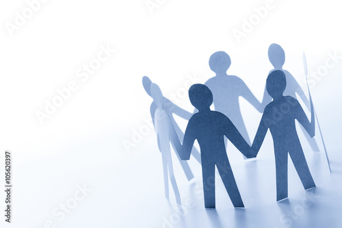 Paper people standing together hand in hand. Team, glabal business connection concept