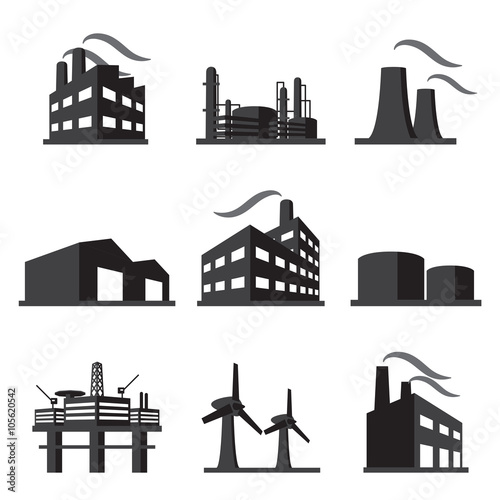 Valokuvatapetti Industrial building factory icon set