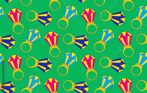 gold rings with diamonds on green background seamless vector pattern