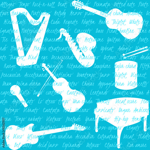Seamless pattern with musical instruments and text