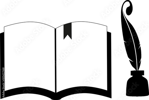 Раскрытая книга, чернила, писательское перо 