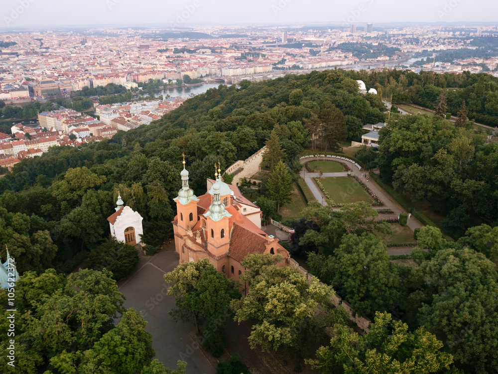 Aerial view of Cathedral of St. Lawrence and Prague city from the Petrin hill
